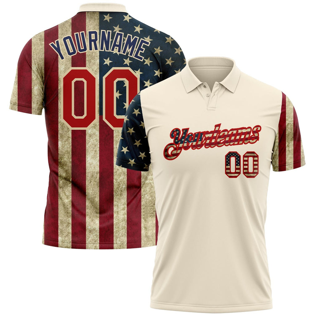 Custom Cream Red-Navy 3D American Flag Performance Golf Polo Shirt photo 2