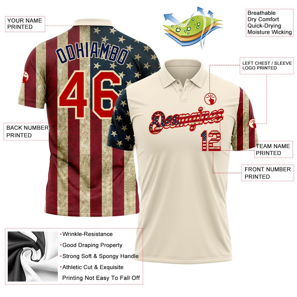 Custom Cream Red-Navy 3D American Flag Performance Golf Polo Shirt photo 3