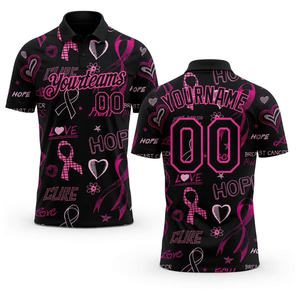 Custom Black Pink 3D Pattern Design Pink Ribbon Breast Cancer Awareness Month Women Health Care Support Performance Golf Polo Shirt