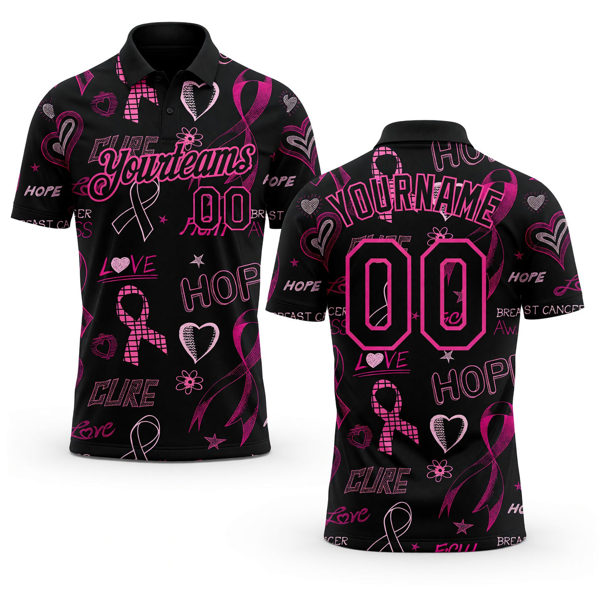 Custom Black Pink 3D Pattern Design Pink Ribbon Breast Cancer Awareness Month Women Health Care Support Performance Golf Polo Shirt