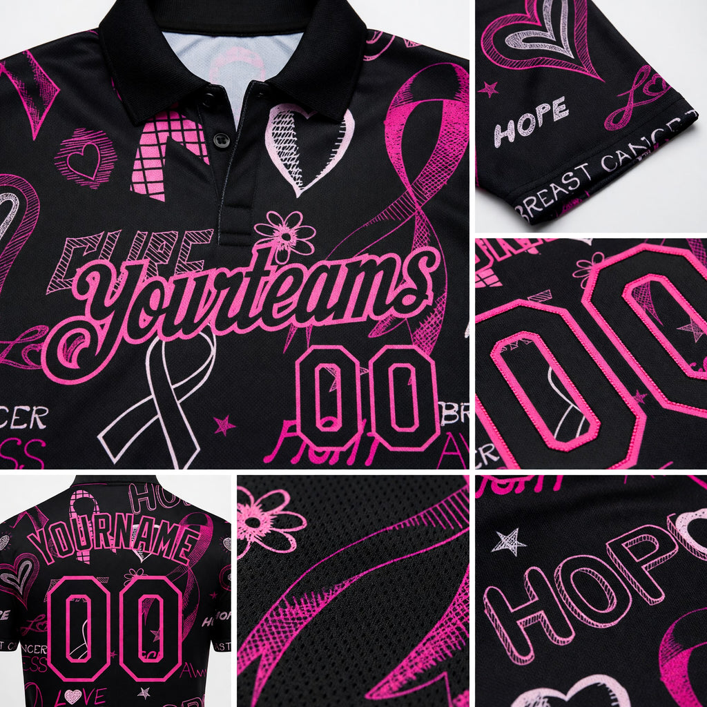 Custom Black Pink 3D Pattern Design Pink Ribbon Breast Cancer Awareness Month Women Health Care Support Performance Golf Polo Shirt detail