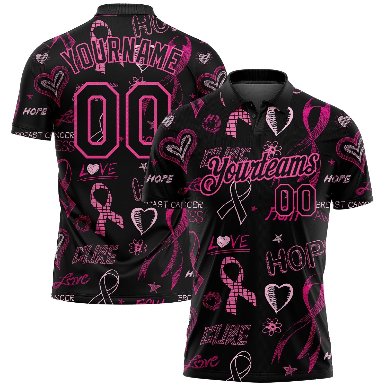 Custom Black Pink 3D Pattern Design Pink Ribbon Breast Cancer Awareness Month Women Health Care Support Performance Golf Polo Shirt photo 1
