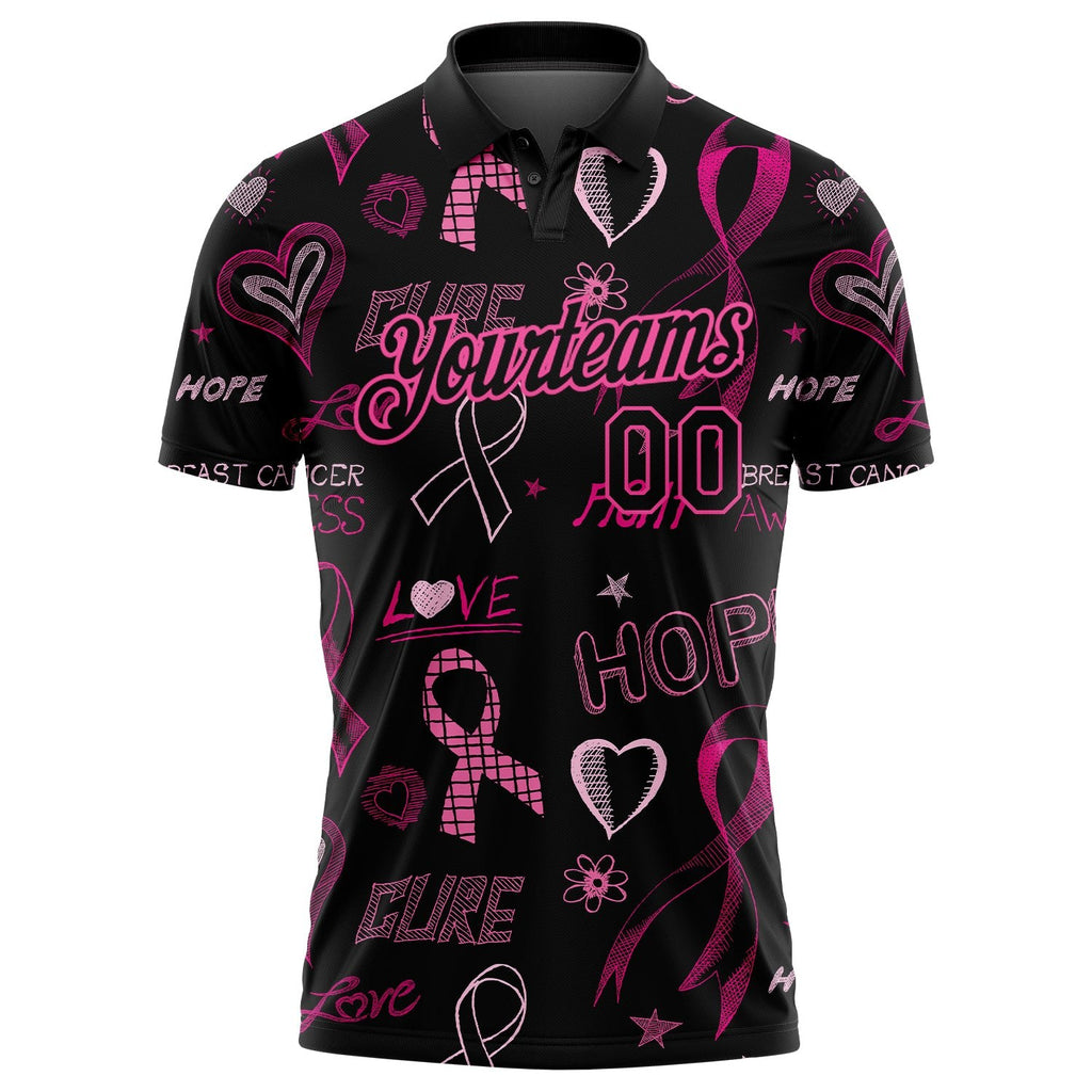 Custom Black Pink 3D Pattern Design Pink Ribbon Breast Cancer Awareness Month Women Health Care Support Performance Golf Polo Shirt photo 2