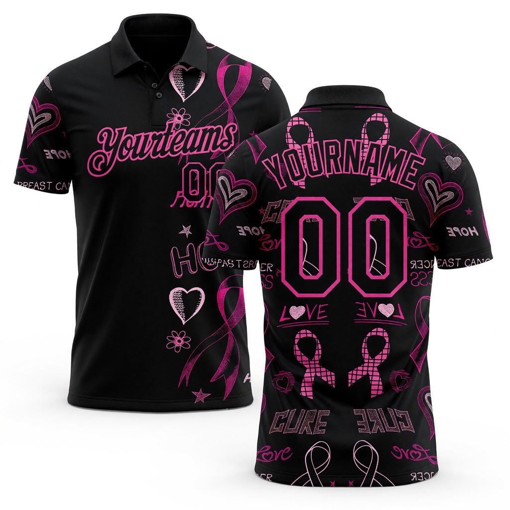 Custom Black Pink 3D Pattern Design Pink Ribbon Breast Cancer Awareness Month Women Health Care Support Performance Golf Polo Shirt