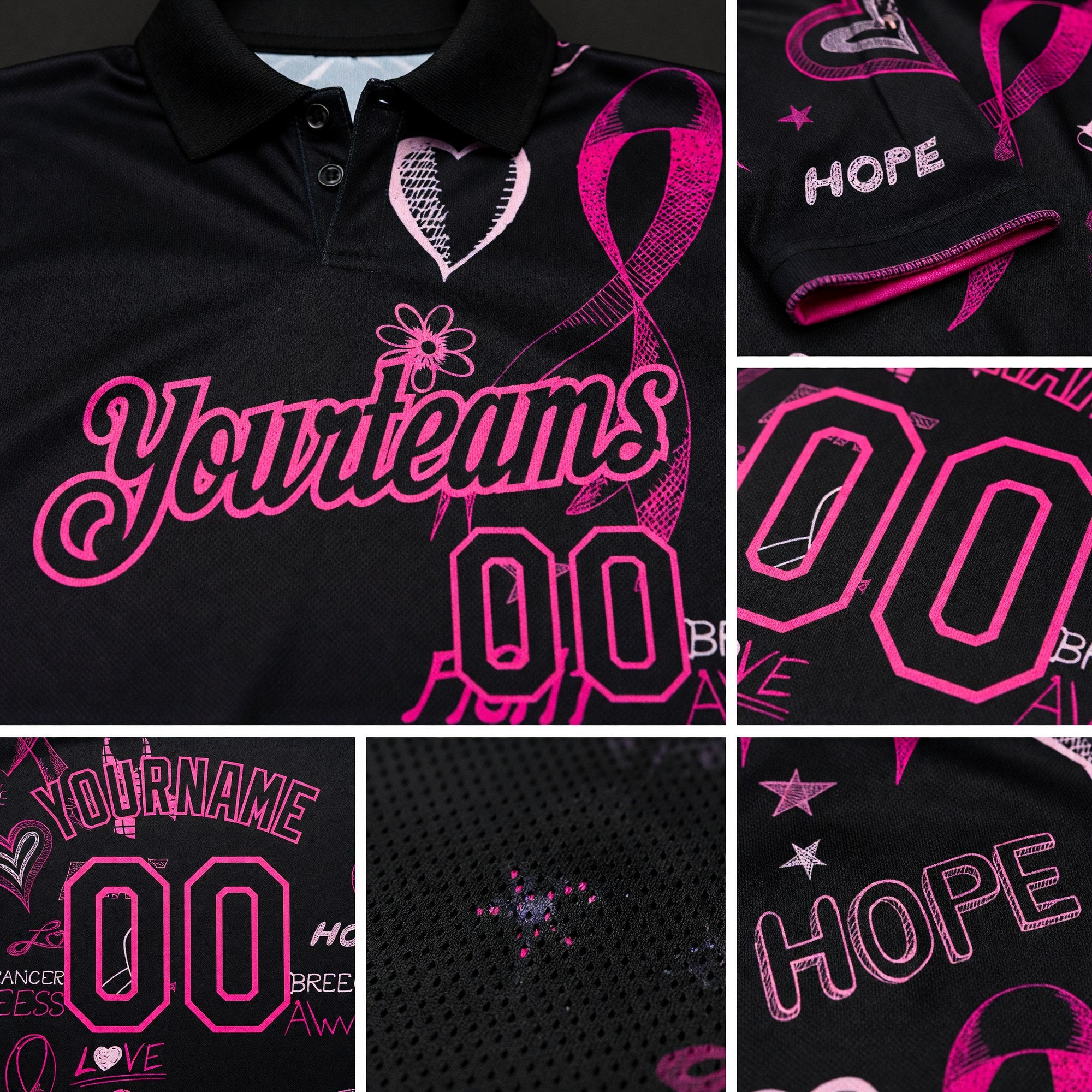 Custom Black Pink 3D Pattern Design Pink Ribbon Breast Cancer Awareness Month Women Health Care Support Performance Golf Polo Shirt detail