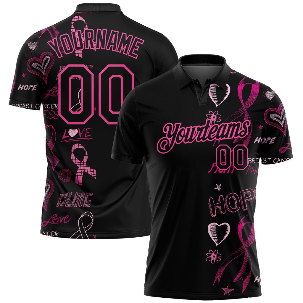 Custom Black Pink 3D Pattern Design Pink Ribbon Breast Cancer Awareness Month Women Health Care Support Performance Golf Polo Shirt photo 1