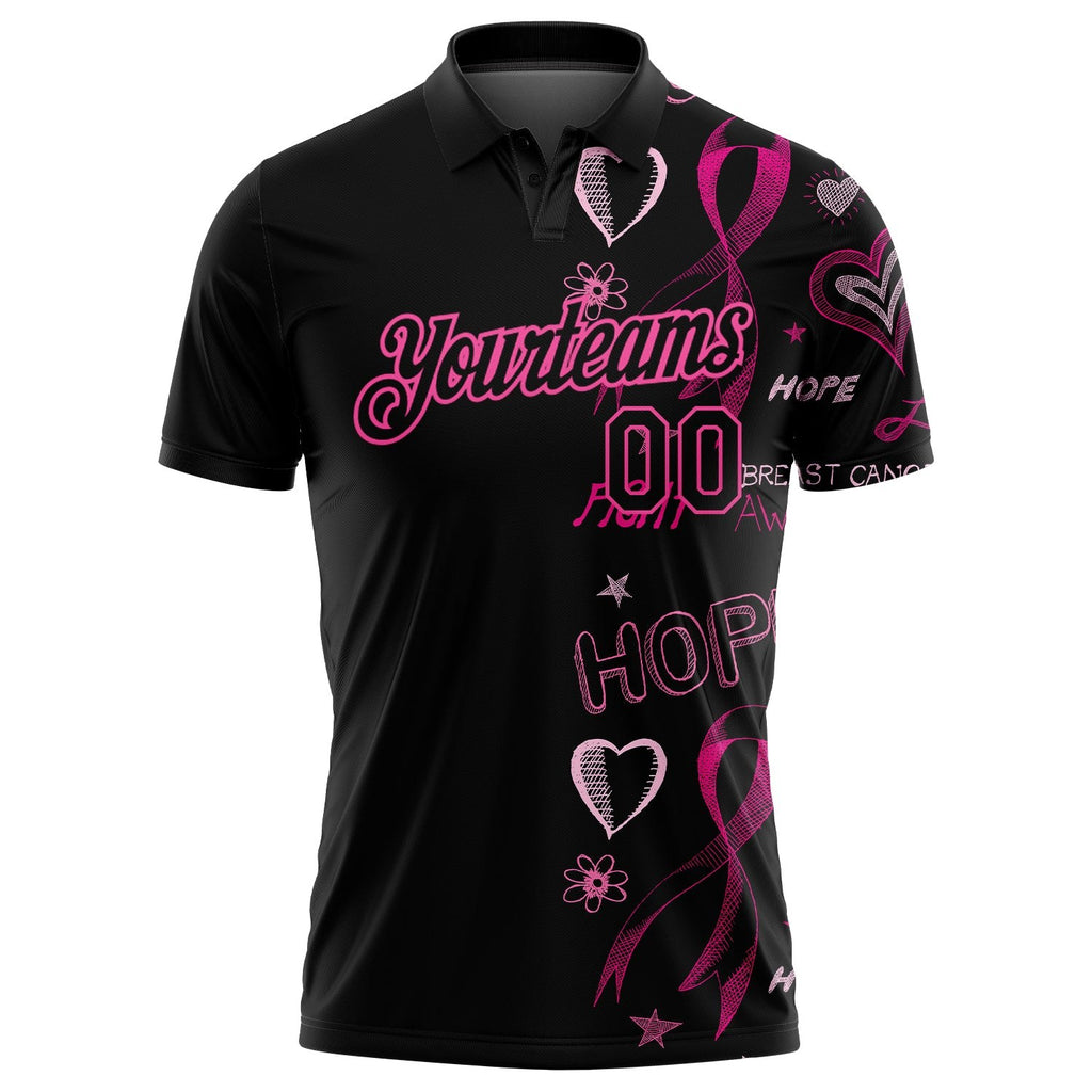 Custom Black Pink 3D Pattern Design Pink Ribbon Breast Cancer Awareness Month Women Health Care Support Performance Golf Polo Shirt photo 2