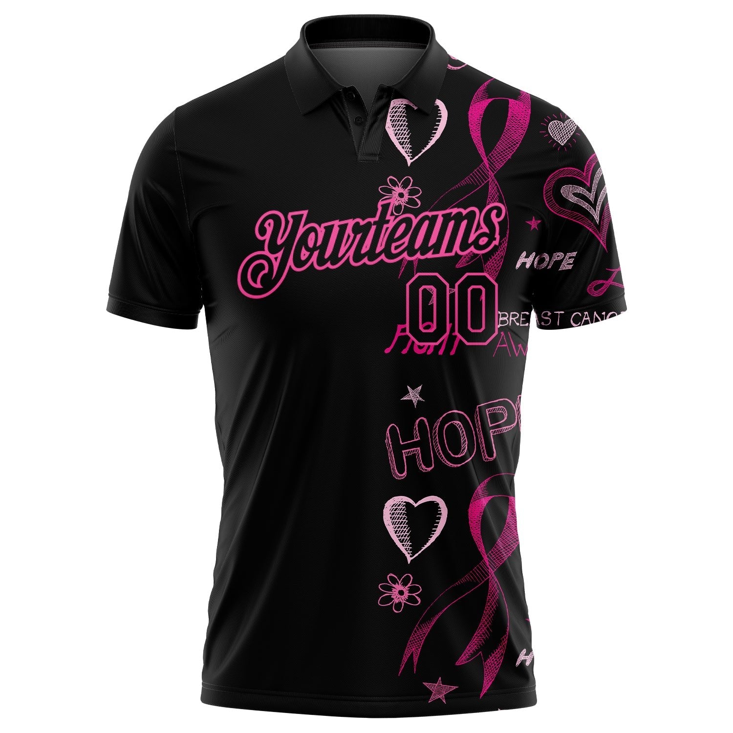 Custom Black Pink 3D Pattern Design Pink Ribbon Breast Cancer Awareness Month Women Health Care Support Performance Golf Polo Shirt photo 2