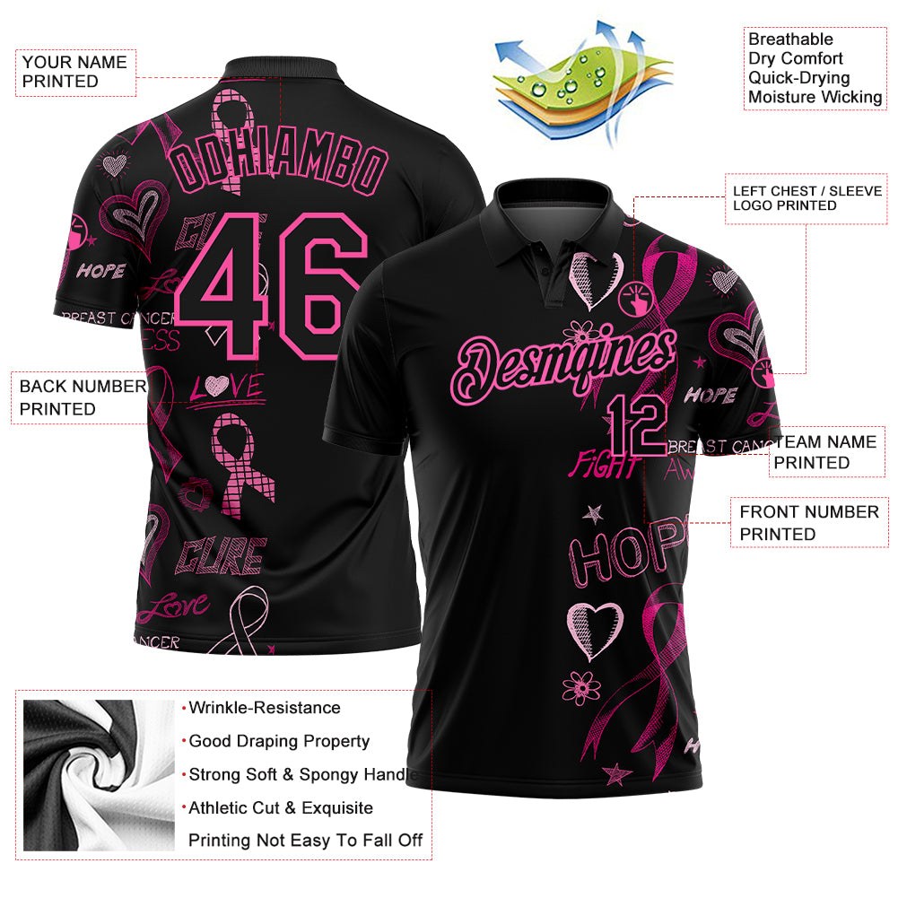 Custom Black Pink 3D Pattern Design Pink Ribbon Breast Cancer Awareness Month Women Health Care Support Performance Golf Polo Shirt photo 3