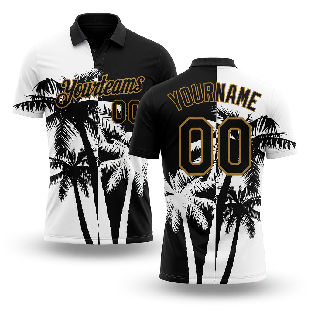 Custom Black White-Old Gold 3D Pattern Design Hawaii Coconut Trees Performance Golf Polo Shirt