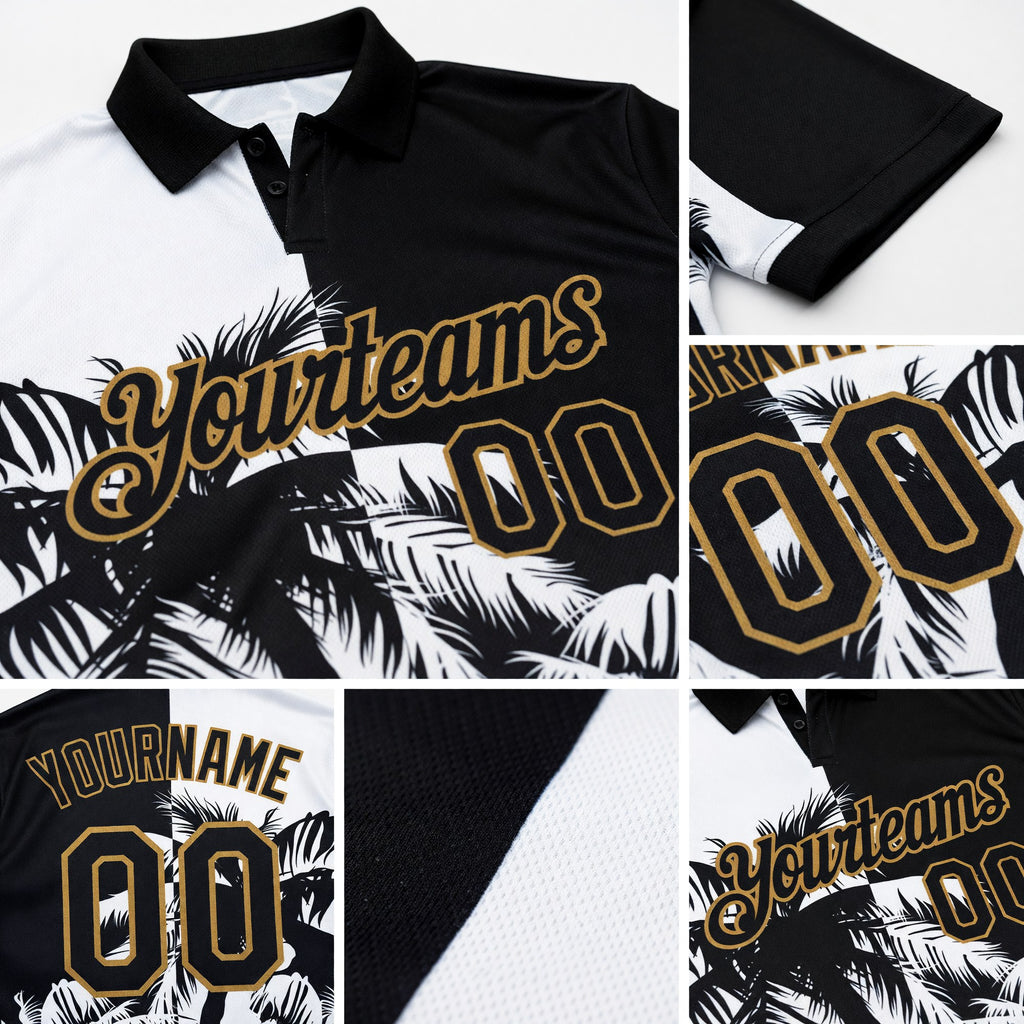 Custom Black White-Old Gold 3D Pattern Design Hawaii Coconut Trees Performance Golf Polo Shirt detail