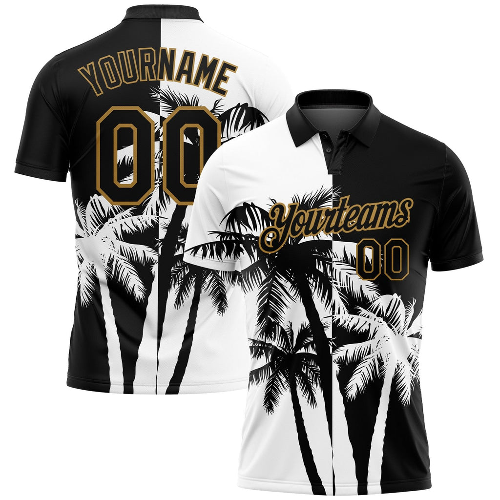 Custom Black White-Old Gold 3D Pattern Design Hawaii Coconut Trees Performance Golf Polo Shirt photo 1