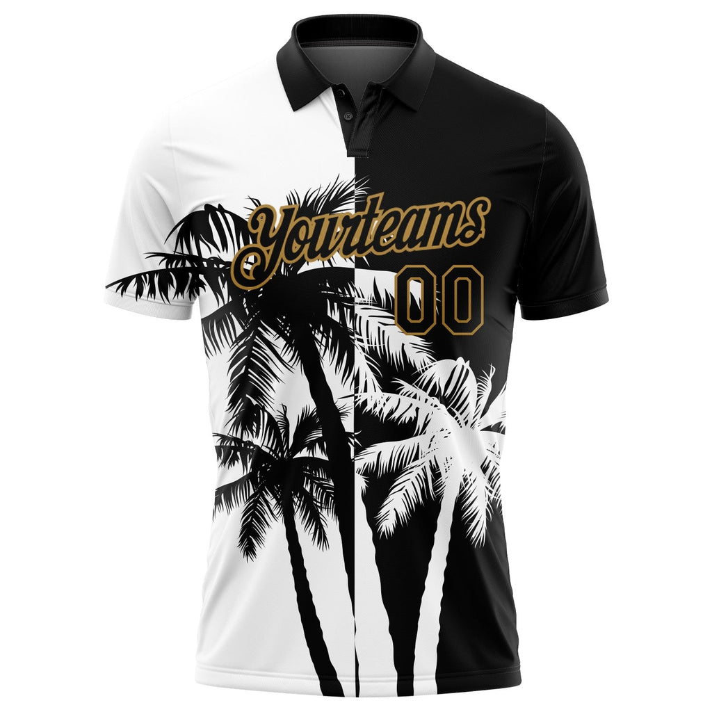 Custom Black White-Old Gold 3D Pattern Design Hawaii Coconut Trees Performance Golf Polo Shirt photo 2