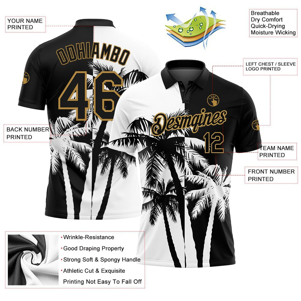 Custom Black White-Old Gold 3D Pattern Design Hawaii Coconut Trees Performance Golf Polo Shirt photo 3