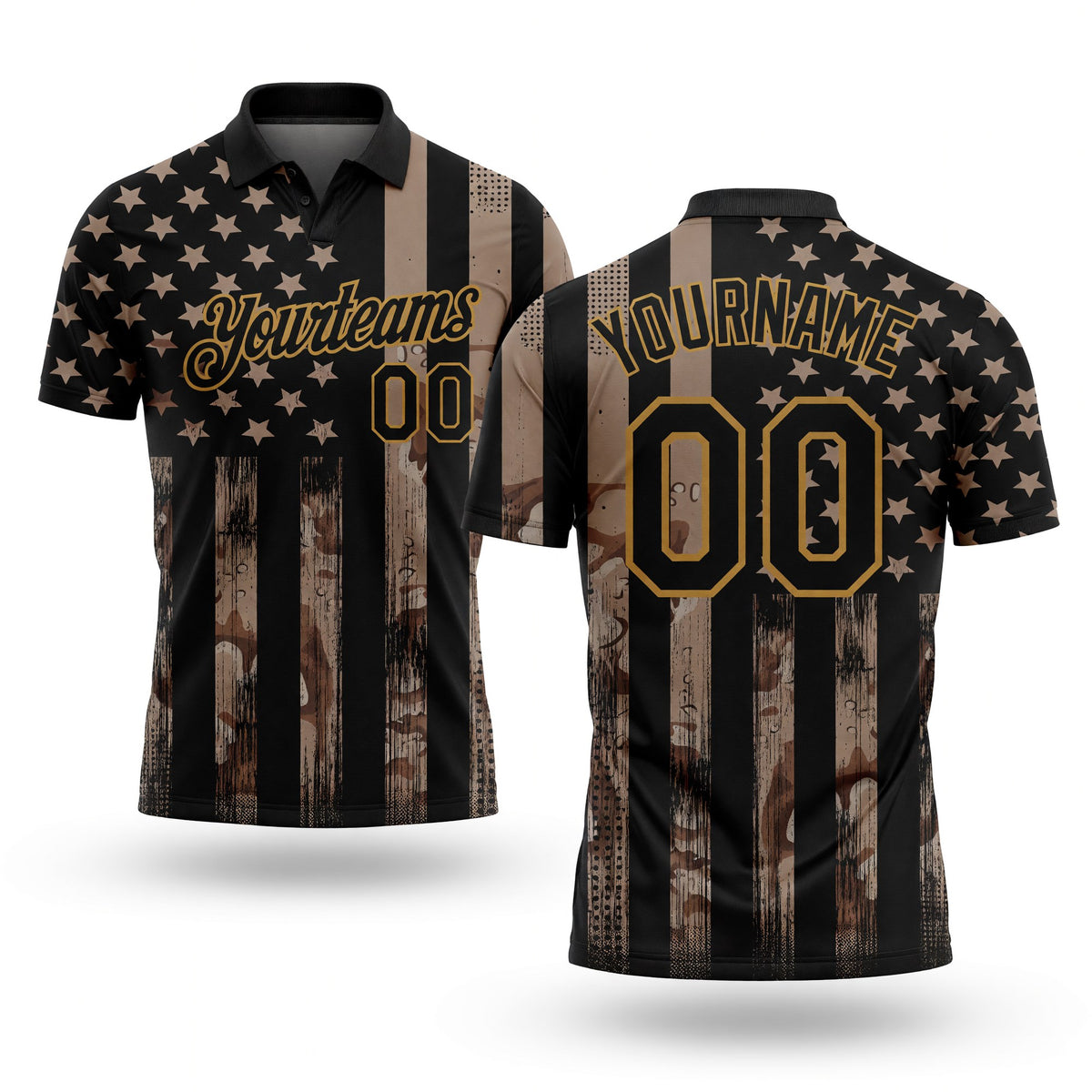 Custom Camo Black-Old Gold American Flag Performance Salute To Service Golf Polo Shirt