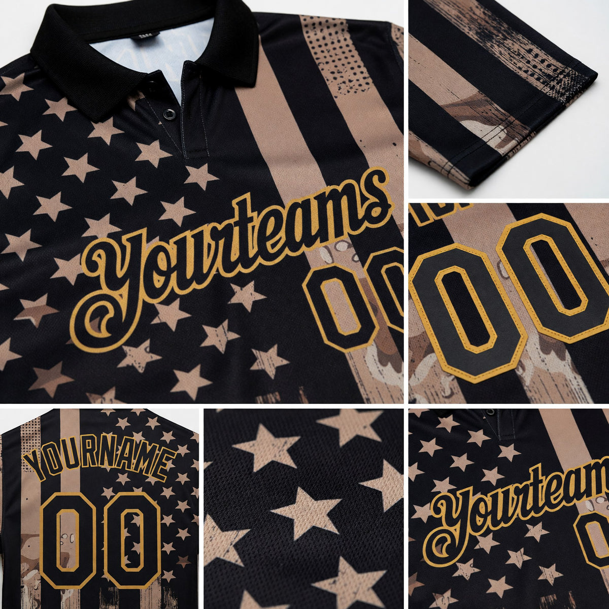 Custom Camo Black-Old Gold American Flag Performance Salute To Service Golf Polo Shirt detail