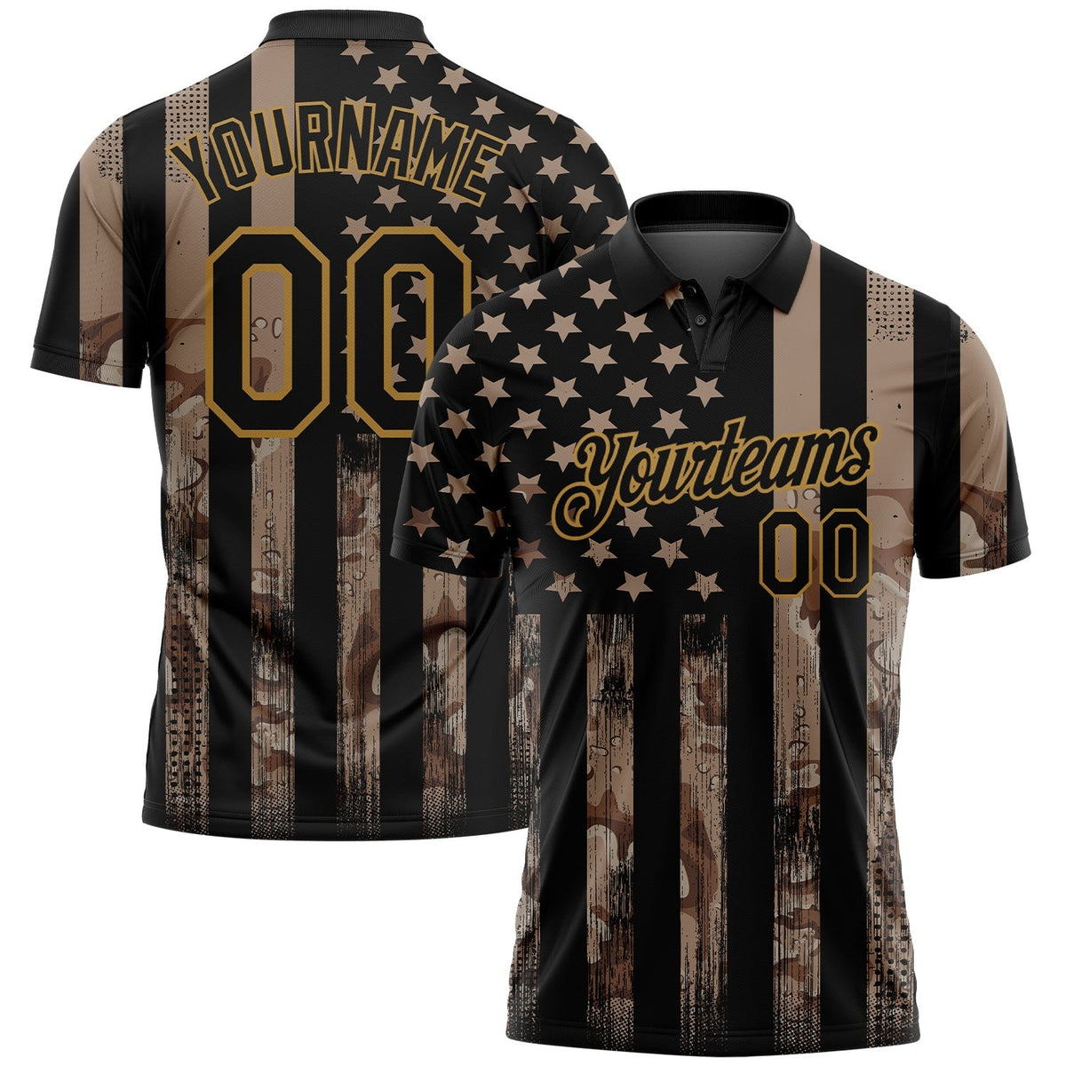 Custom Camo Black-Old Gold American Flag Performance Salute To Service Golf Polo Shirt photo 1