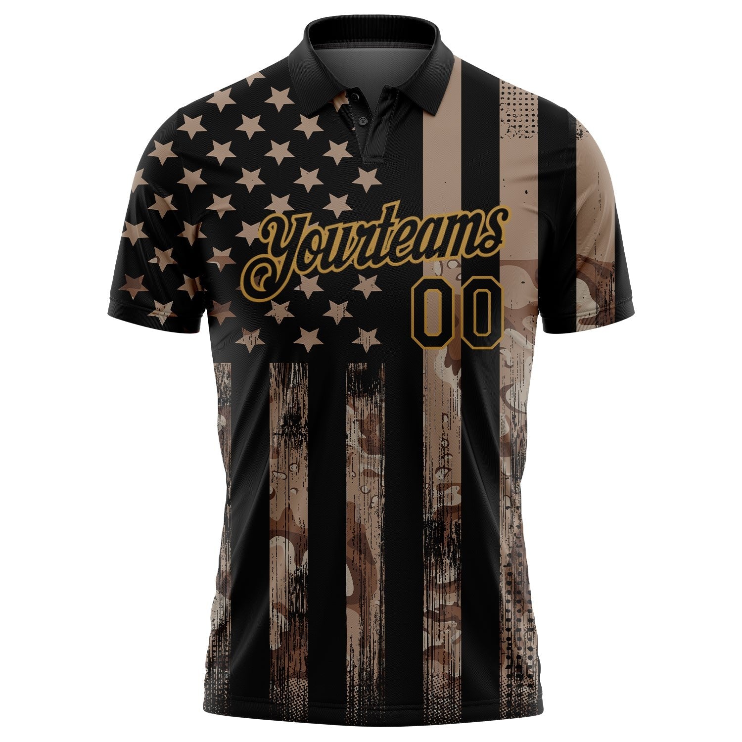 Custom Camo Black-Old Gold American Flag Performance Salute To Service Golf Polo Shirt photo 2