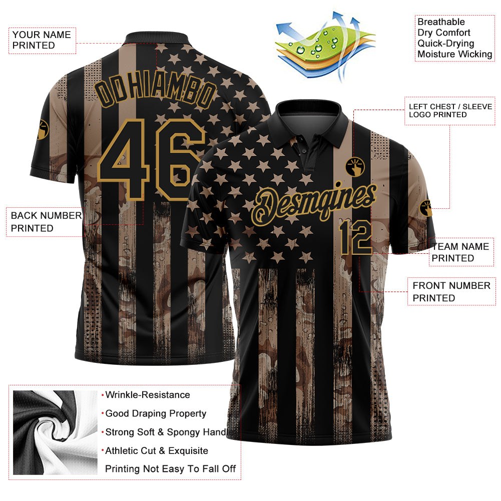 Custom Camo Black-Old Gold American Flag Performance Salute To Service Golf Polo Shirt photo 3