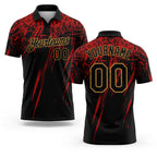 Custom Black Old Gold-Red 3D Pattern Design Sharp Shape Performance Golf Polo Shirt