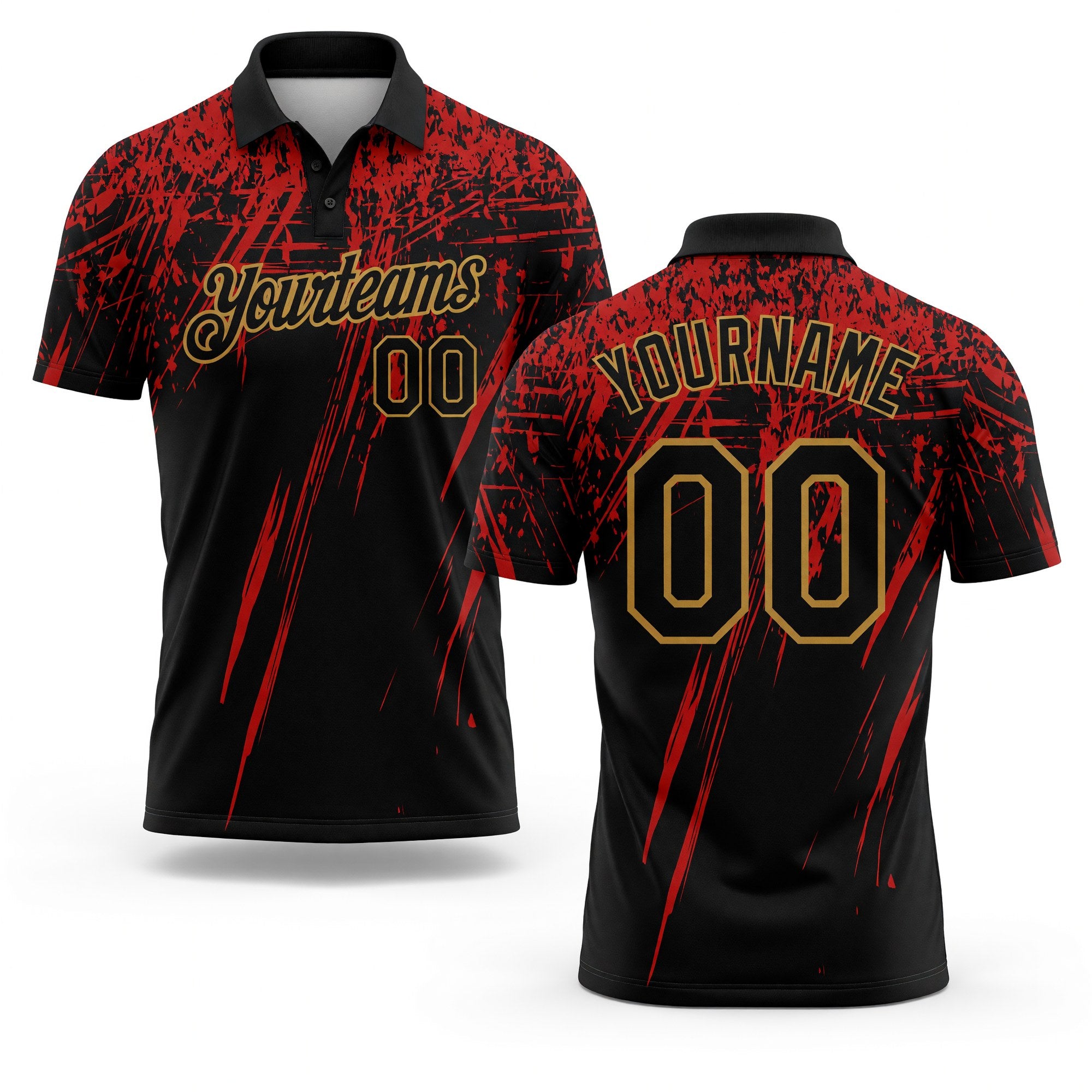 Custom Black Old Gold-Red 3D Pattern Design Sharp Shape Performance Golf Polo Shirt