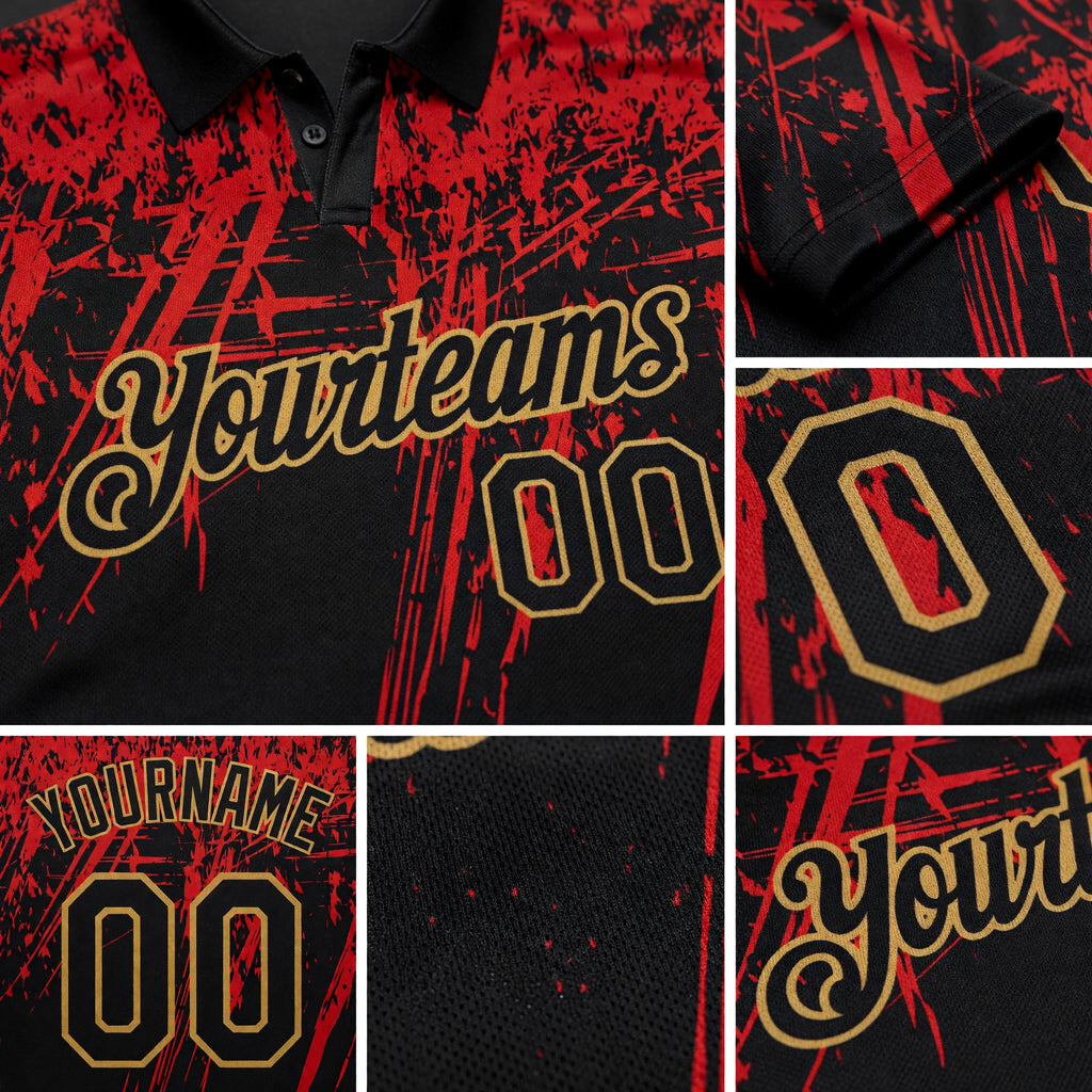 Custom Black Old Gold-Red 3D Pattern Design Sharp Shape Performance Golf Polo Shirt detail
