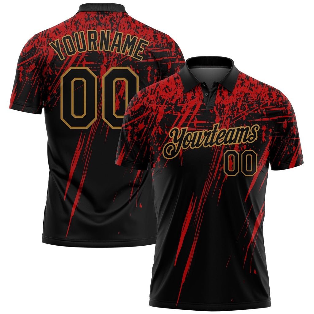 Custom Black Old Gold-Red 3D Pattern Design Sharp Shape Performance Golf Polo Shirt photo 1