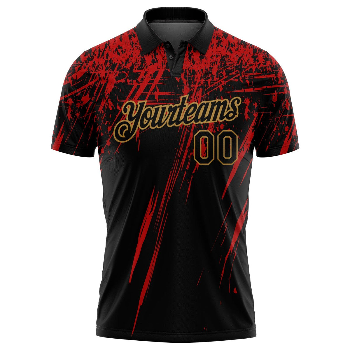 Custom Black Old Gold-Red 3D Pattern Design Sharp Shape Performance Golf Polo Shirt photo 2
