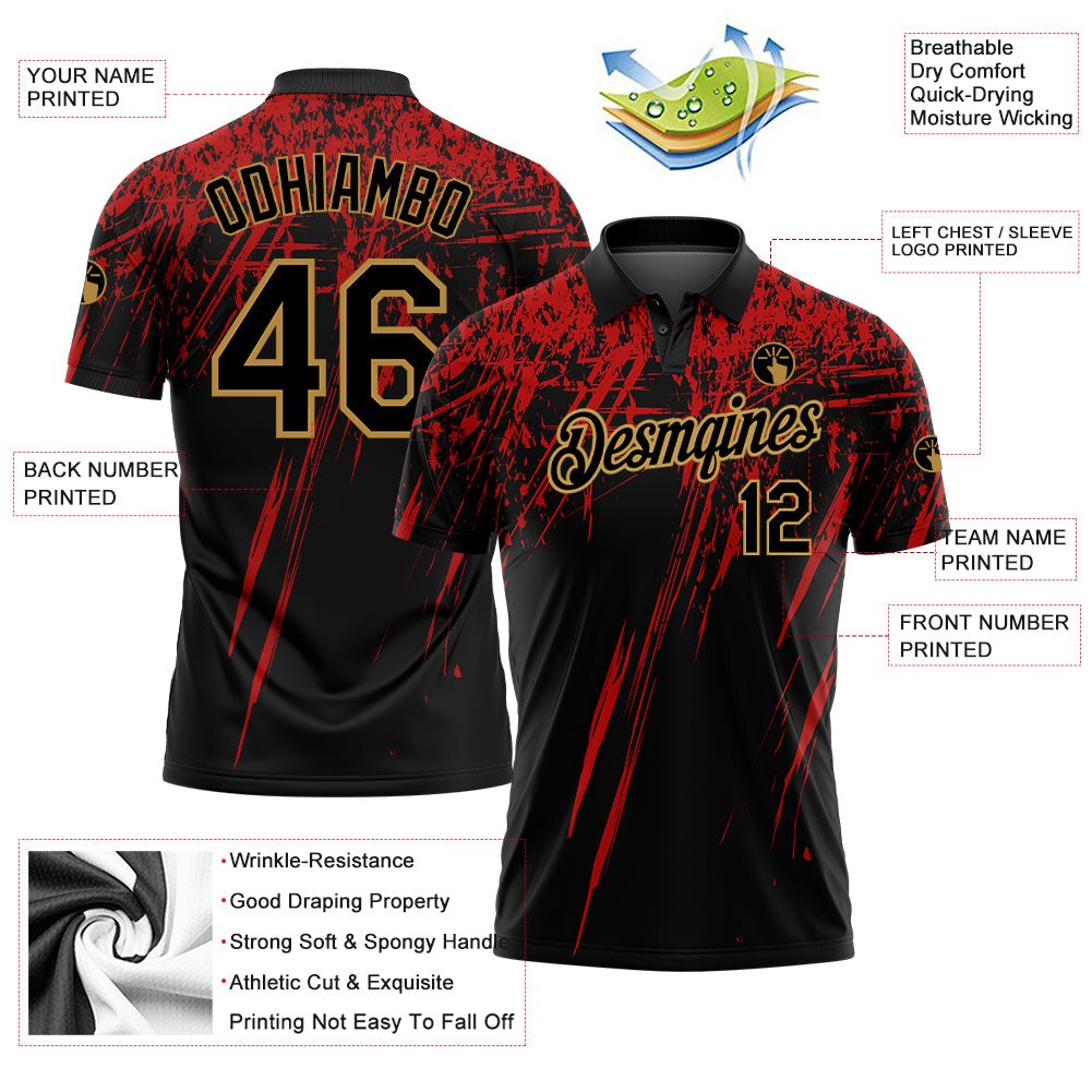 Custom Black Old Gold-Red 3D Pattern Design Sharp Shape Performance Golf Polo Shirt photo 3