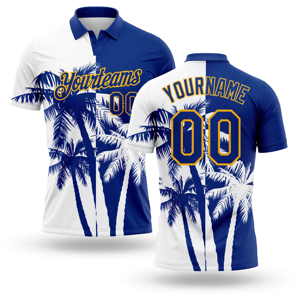 Custom White Royal-Gold 3D Pattern Design Hawaii Coconut Trees Performance Golf Polo Shirt