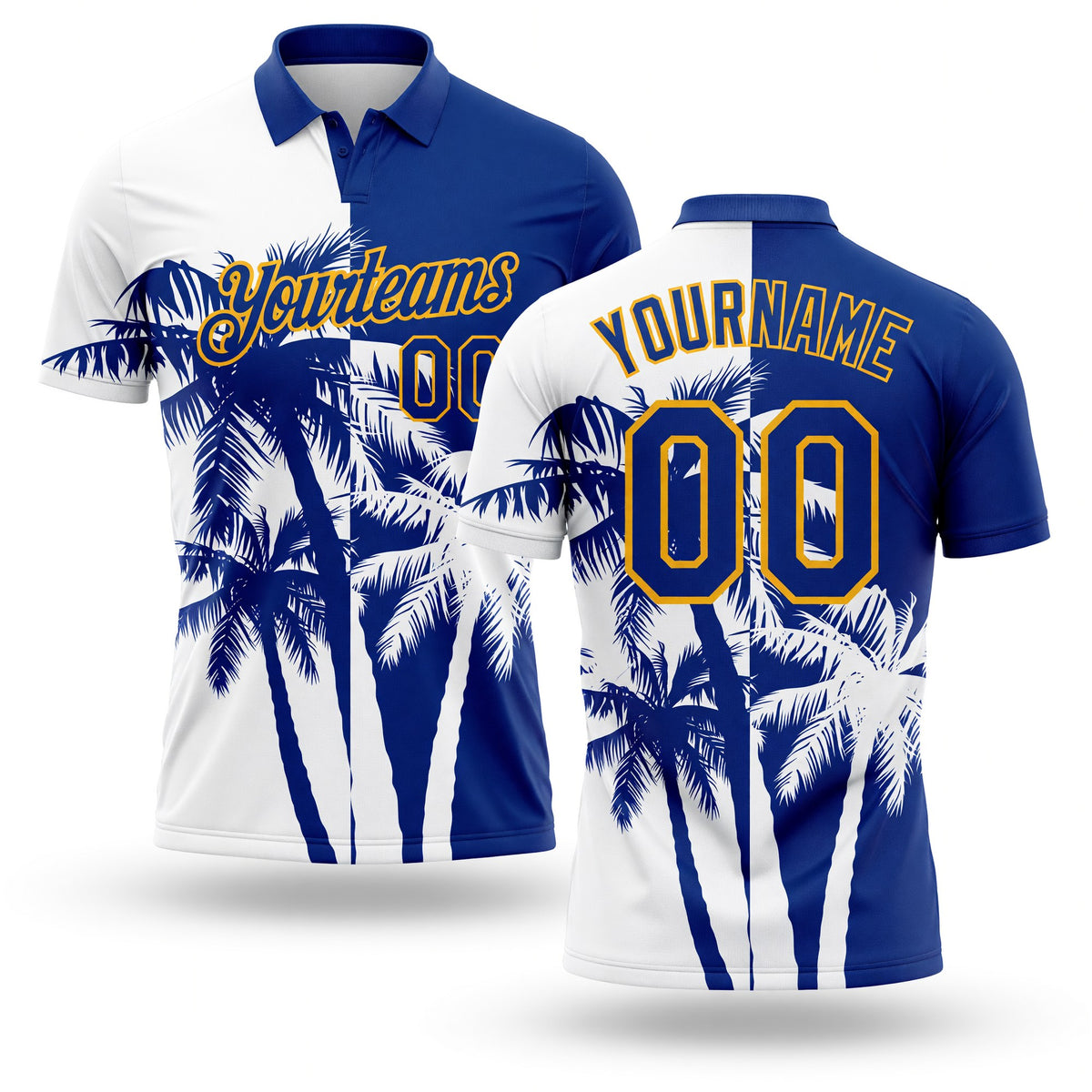 Custom White Royal-Gold 3D Pattern Design Hawaii Coconut Trees Performance Golf Polo Shirt