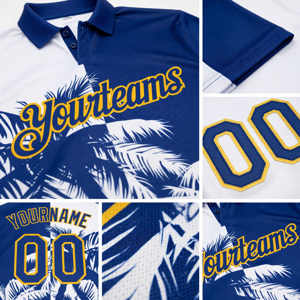 Custom White Royal-Gold 3D Pattern Design Hawaii Coconut Trees Performance Golf Polo Shirt detail