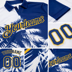 Custom White Royal-Gold 3D Pattern Design Hawaii Coconut Trees Performance Golf Polo Shirt detail
