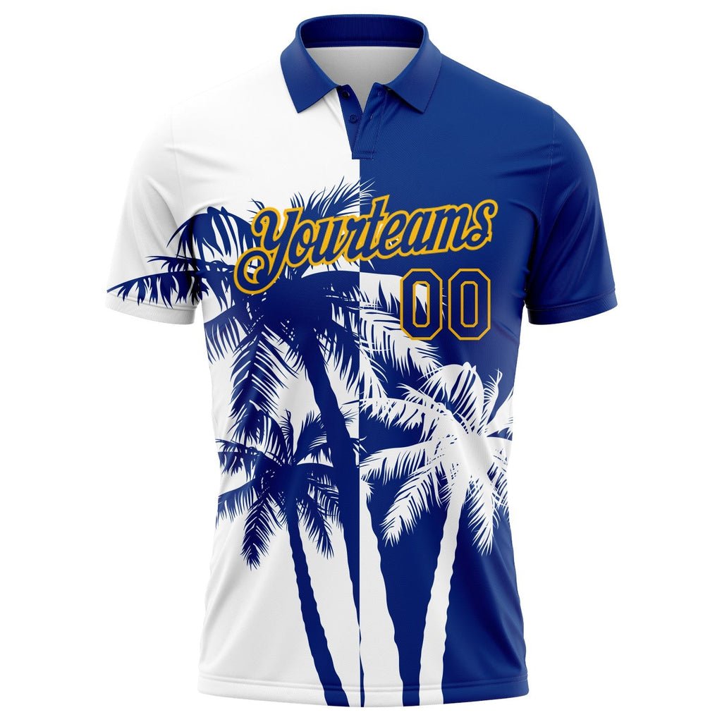 Custom White Royal-Gold 3D Pattern Design Hawaii Coconut Trees Performance Golf Polo Shirt photo 2