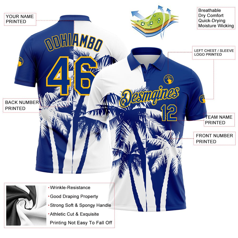 Custom White Royal-Gold 3D Pattern Design Hawaii Coconut Trees Performance Golf Polo Shirt photo 3
