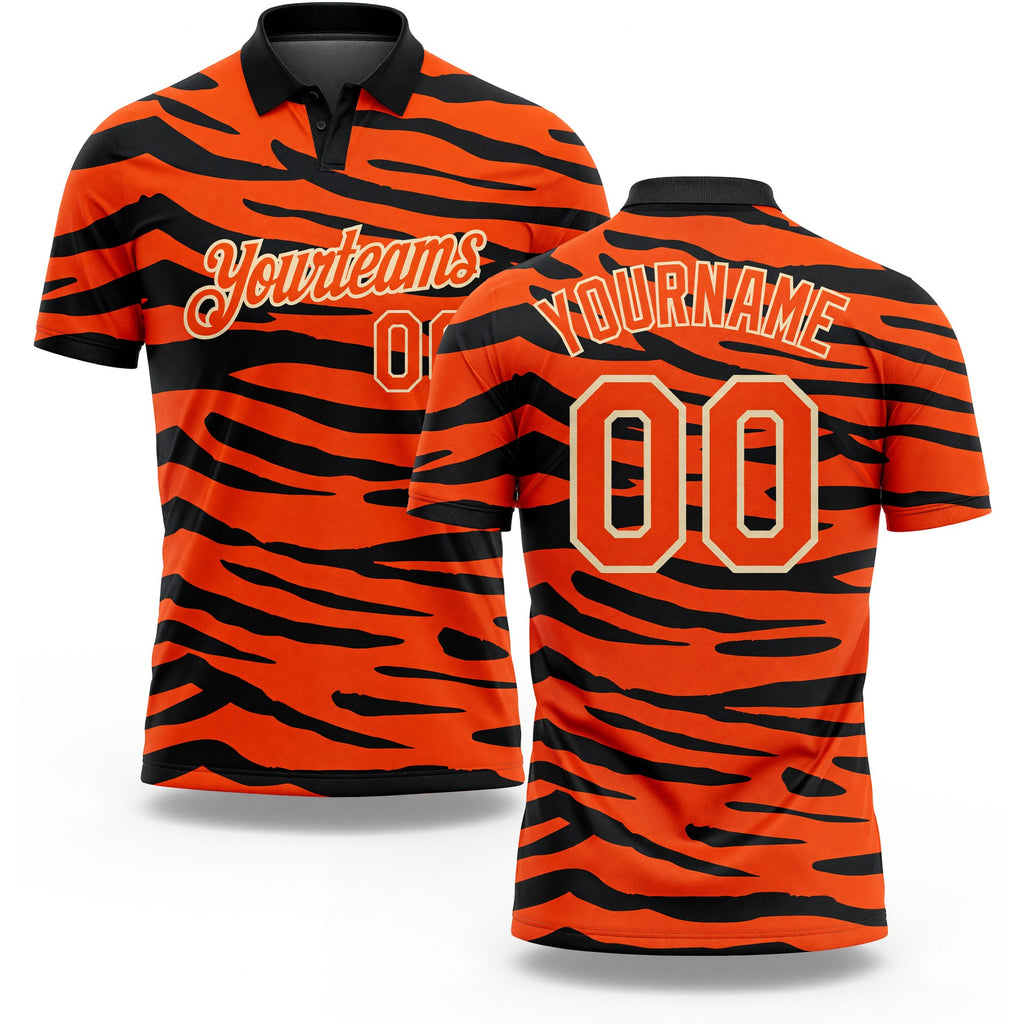 Custom Orange Cream-Black 3D Pattern Design Tiger Print Performance Golf Polo Shirt