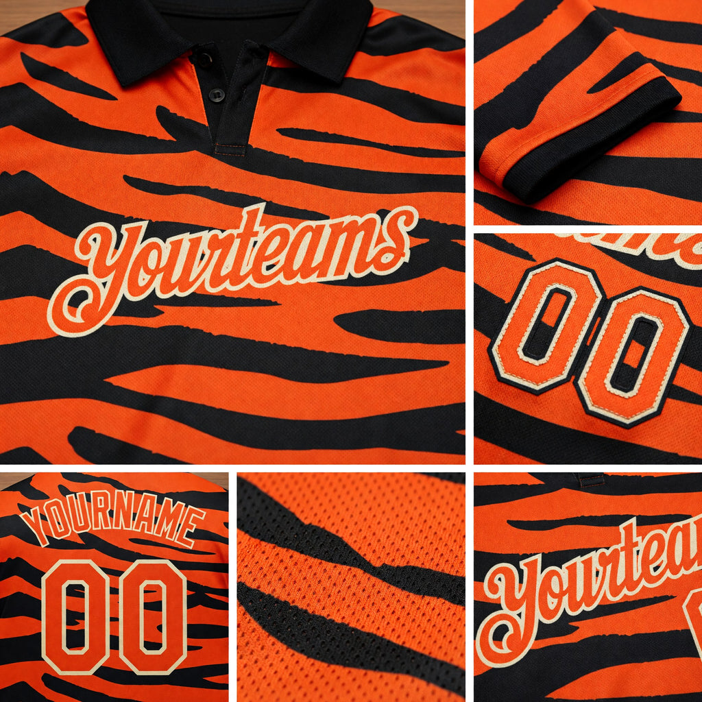 Custom Orange Cream-Black 3D Pattern Design Tiger Print Performance Golf Polo Shirt detail