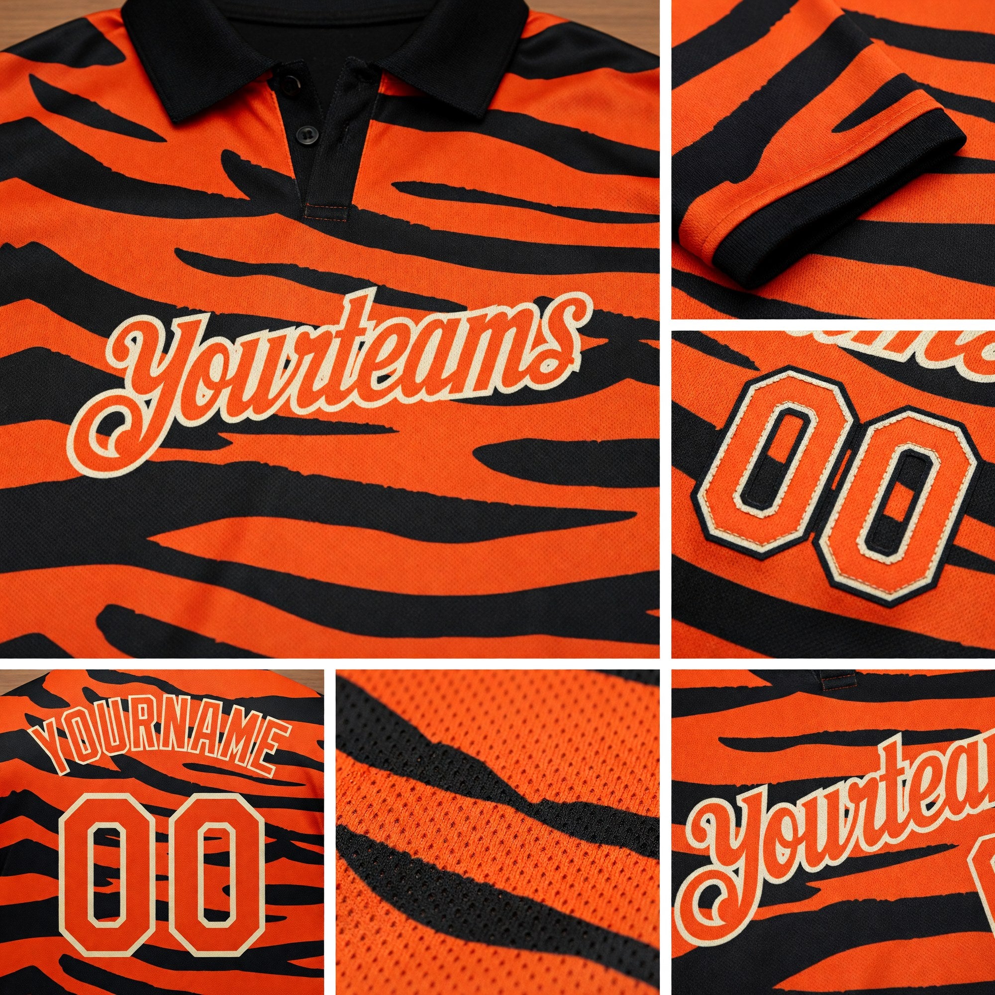 Custom Orange Cream-Black 3D Pattern Design Tiger Print Performance Golf Polo Shirt detail
