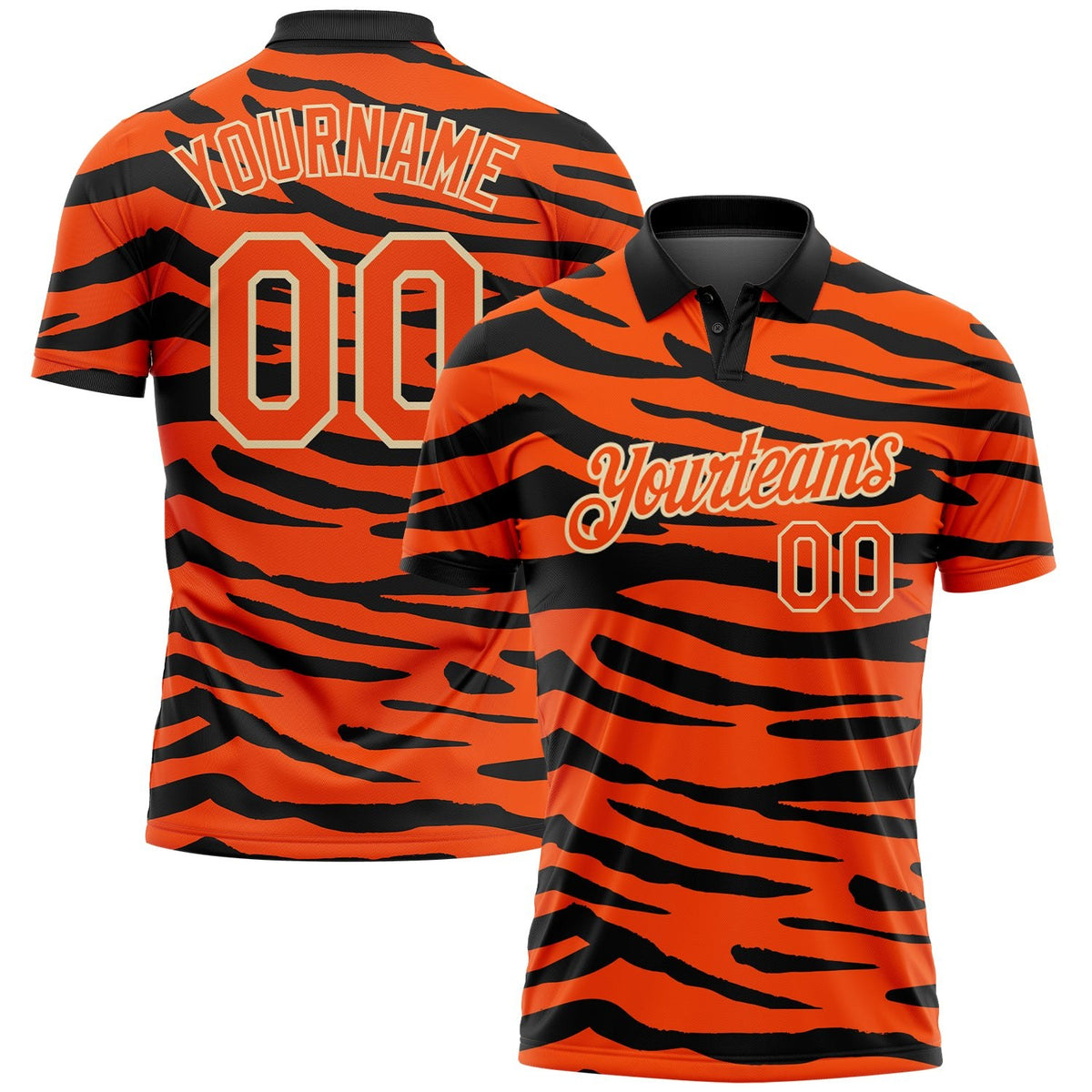 Custom Orange Cream-Black 3D Pattern Design Tiger Print Performance Golf Polo Shirt photo 1