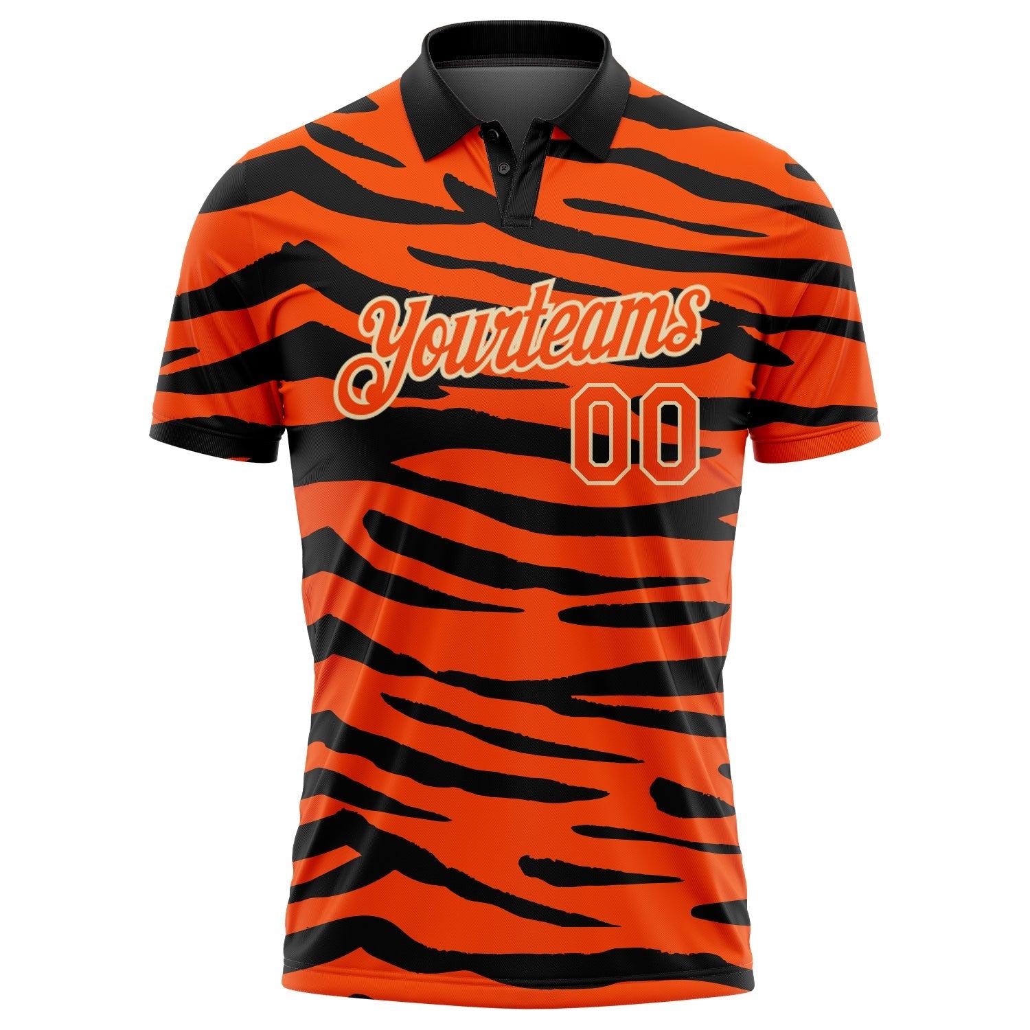 Custom Orange Cream-Black 3D Pattern Design Tiger Print Performance Golf Polo Shirt photo 2