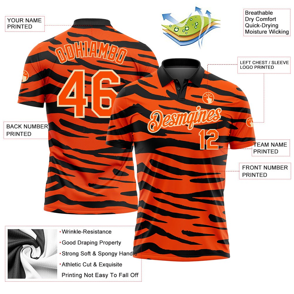 Custom Orange Cream-Black 3D Pattern Design Tiger Print Performance Golf Polo Shirt photo 3