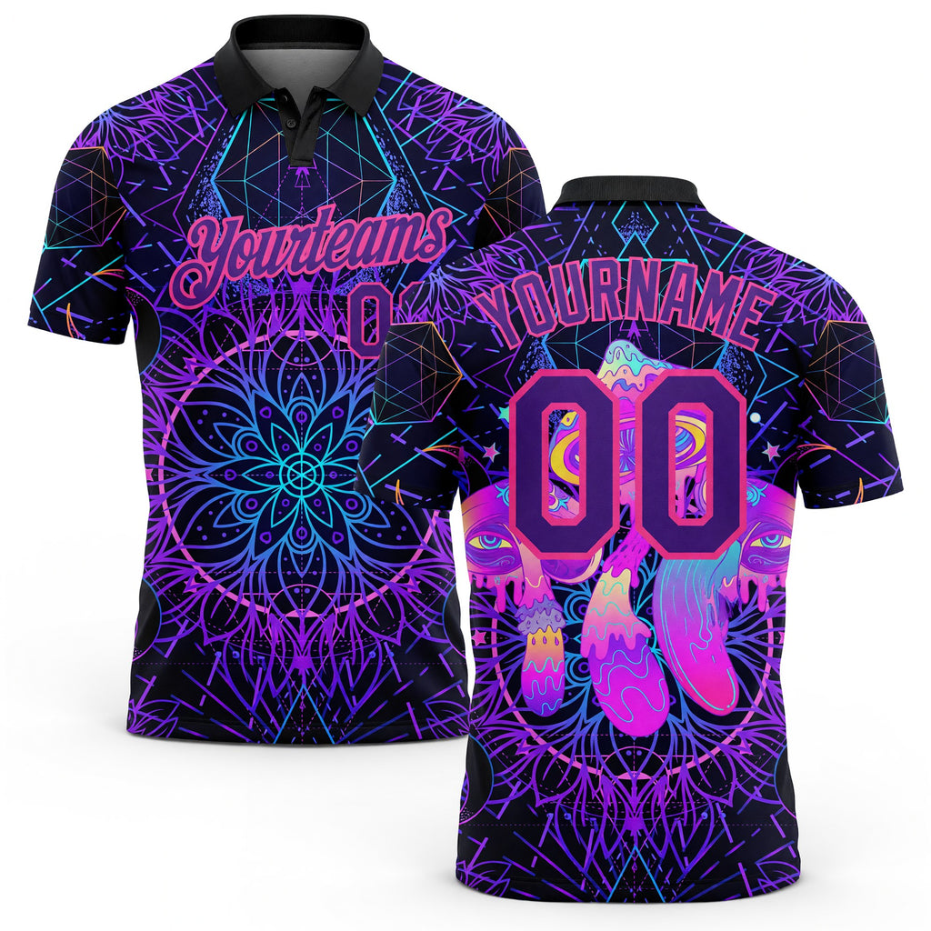 Custom Black Purple Pink 3D Pattern Design Magic Mushrooms Over Sacred Geometry Psychedelic Hallucination Performance Golf Polo Shirt