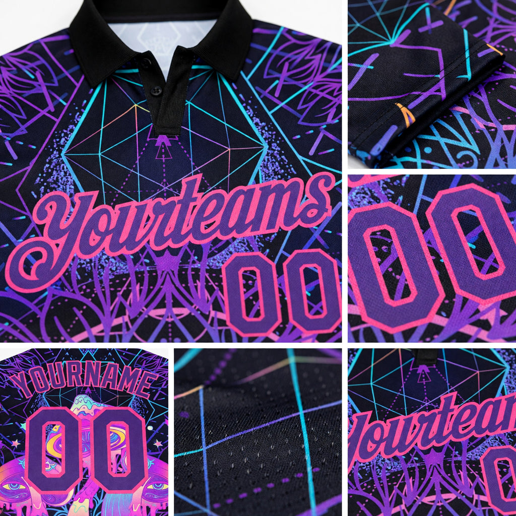 Custom Black Purple Pink 3D Pattern Design Magic Mushrooms Over Sacred Geometry Psychedelic Hallucination Performance Golf Polo Shirt detail