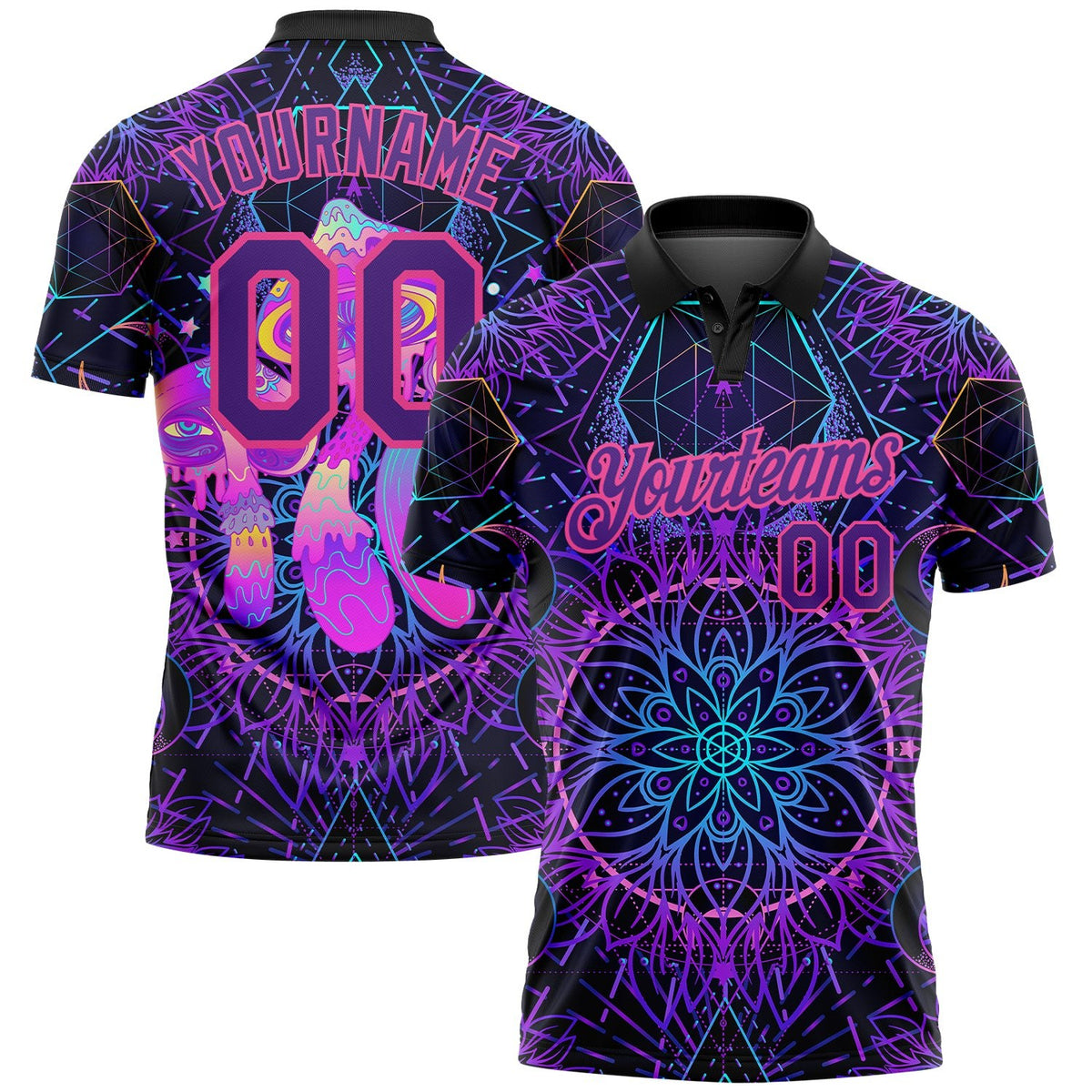Custom Black Purple Pink 3D Pattern Design Magic Mushrooms Over Sacred Geometry Psychedelic Hallucination Performance Golf Polo Shirt photo 1