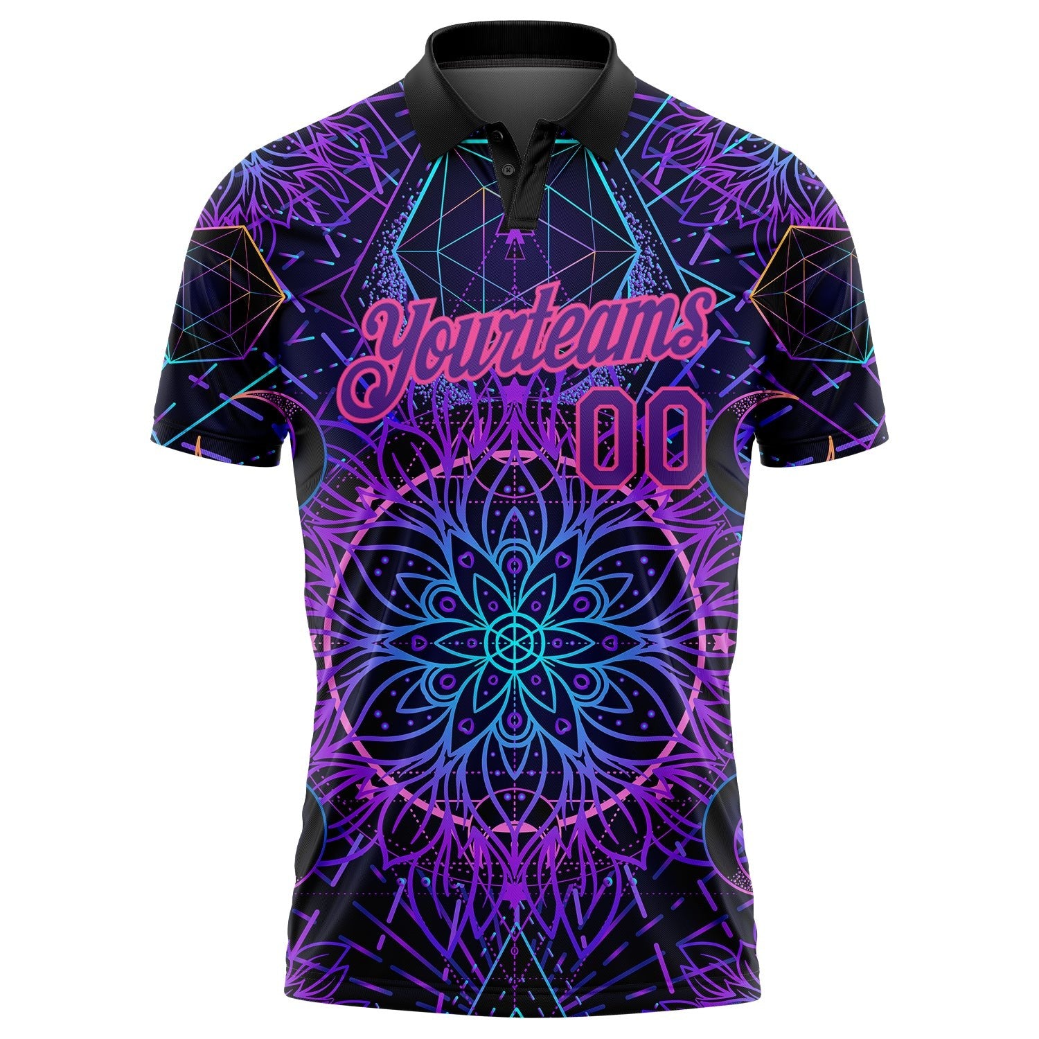 Custom Black Purple Pink 3D Pattern Design Magic Mushrooms Over Sacred Geometry Psychedelic Hallucination Performance Golf Polo Shirt photo 2
