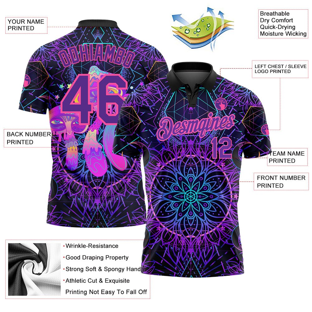 Custom Black Purple Pink 3D Pattern Design Magic Mushrooms Over Sacred Geometry Psychedelic Hallucination Performance Golf Polo Shirt photo 3