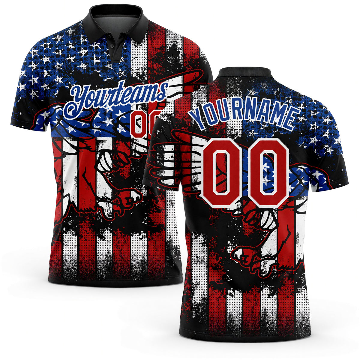 Custom Black Red-Royal 3D Eagle American Flag Performance Golf Polo Shirt