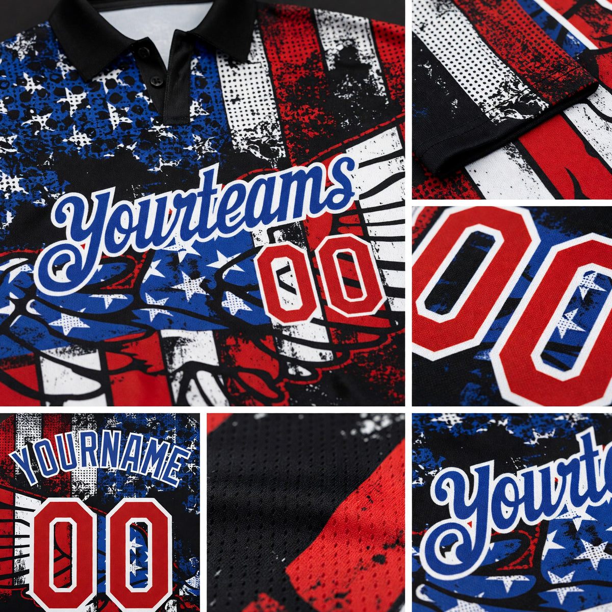 Custom Black Red-Royal 3D Eagle American Flag Performance Golf Polo Shirt detail