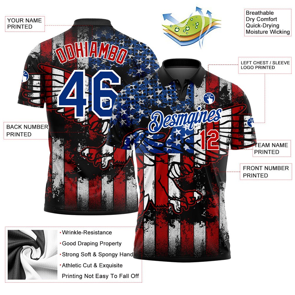 Custom Black Red-Royal 3D Eagle American Flag Performance Golf Polo Shirt photo 4