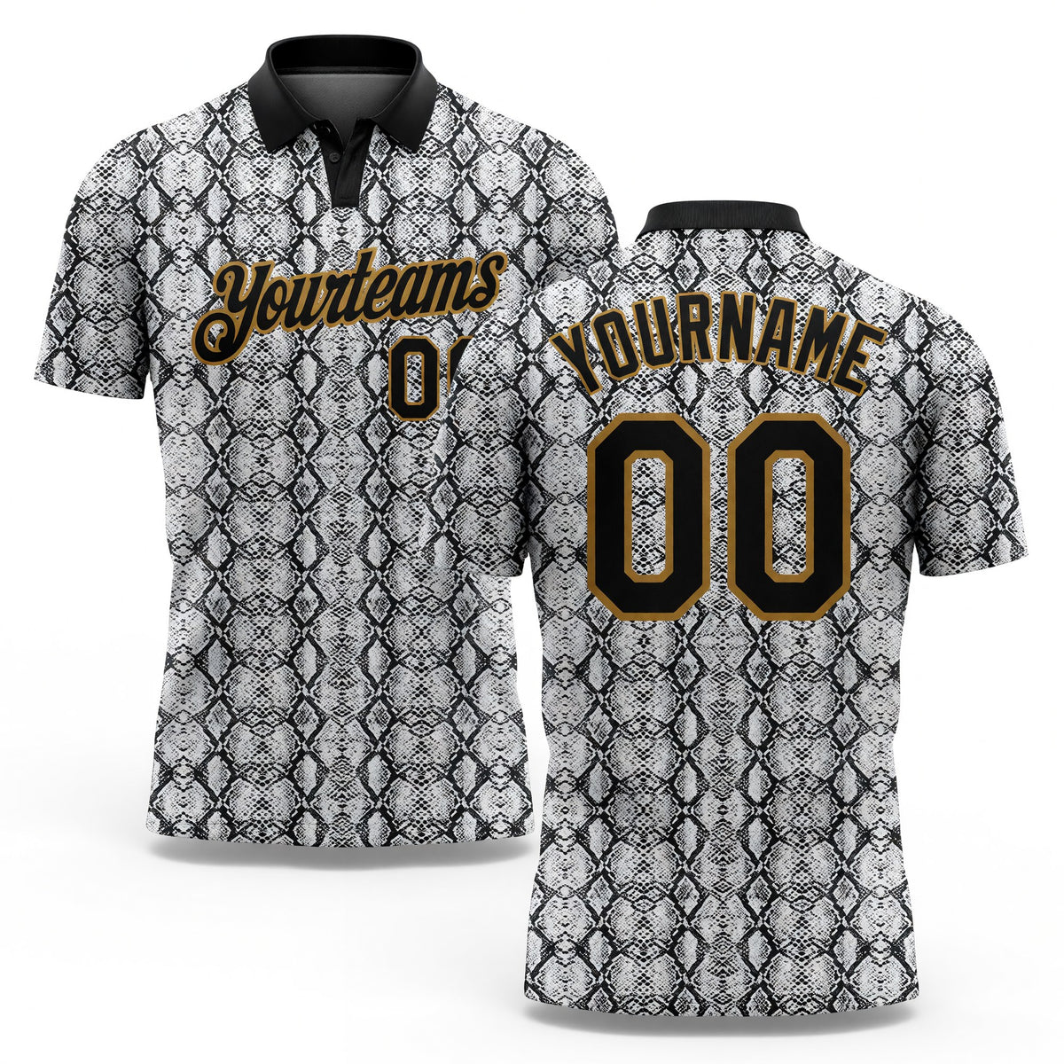 Custom Black Old Gold 3D Pattern Design Snakeskin Performance Golf Polo Shirt